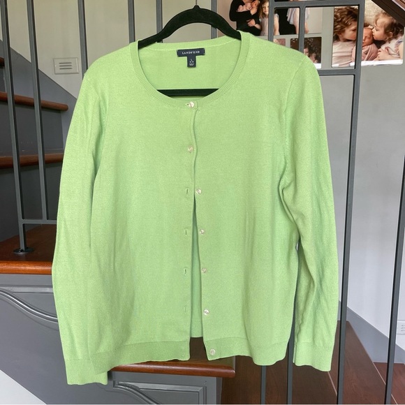 Lands End cotton crew neck cardigan lime green Size large 14-16 Classic preppy - Picture 3 of 10